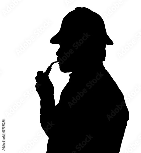Silhouette of bearded man smoking pipe with Sherlock hat thinking