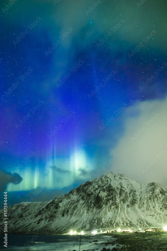 Amazing Picturesque Unique Nothern Lights Aurora Borealis Over Lofoten Islands in Nothern Part of Norway. Over the Polar Circle.
