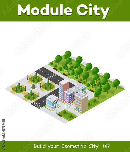 City isometric of urban infrastructure business. Vector building illustration of skyscraper and collection of urban elements architecture, home, construction, block and park