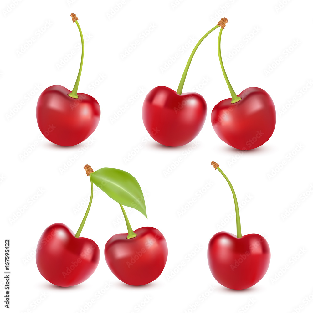 Cherry realistic fruit vector icons set. Isolated vector illustration Cherry realistic fruit vector icons set. Isolated vector illustration