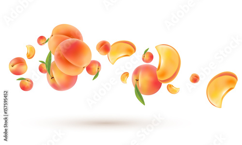 3d flying peaches on white. Vector realistic illustration