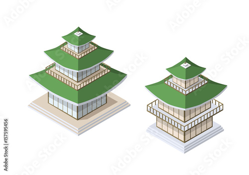 Chinese pagoda building house buddhist art of the temple of Oriental asia culture in an isometric view