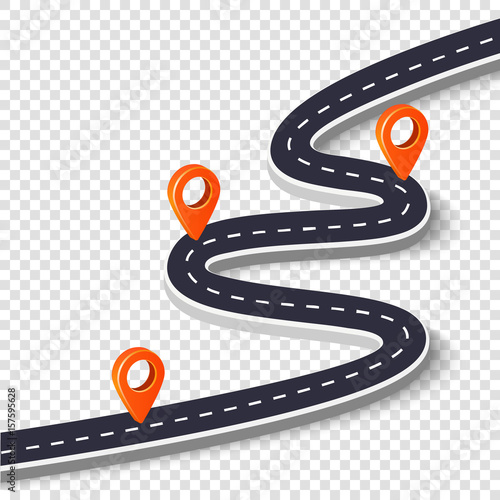 Winding road isolated on a white background. Road way location infographic template with pin pointer. Vector image