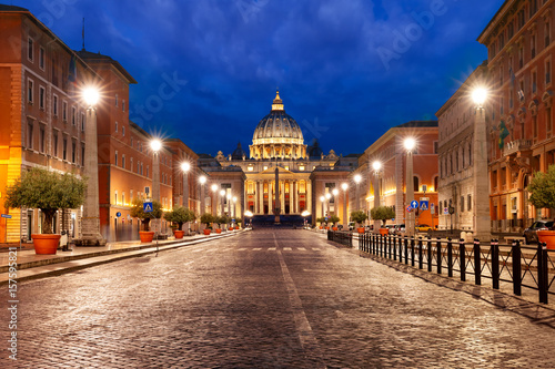 Fototapeta Naklejka Na Ścianę i Meble -  View of The Papal Basilica of St. Peter in the Vatican or Saint Peter Cathedral during morning blue hour in Rome, Italy.