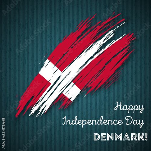 Denmark Independence Day Patriotic Design. Expressive Brush Stroke in National Flag Colors on dark striped background. Happy Independence Day Denmark Vector Greeting Card.