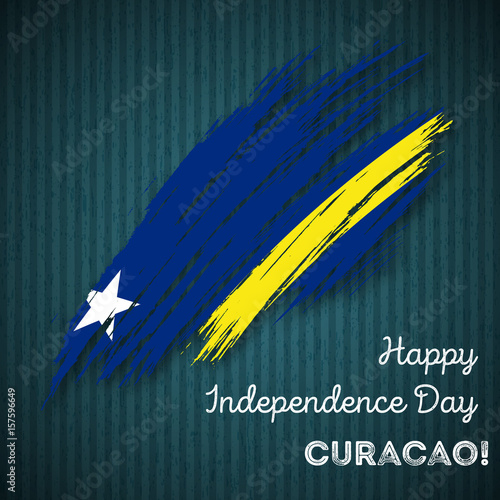 Curacao Independence Day Patriotic Design. Expressive Brush Stroke in National Flag Colors on dark striped background. Happy Independence Day Curacao Vector Greeting Card.