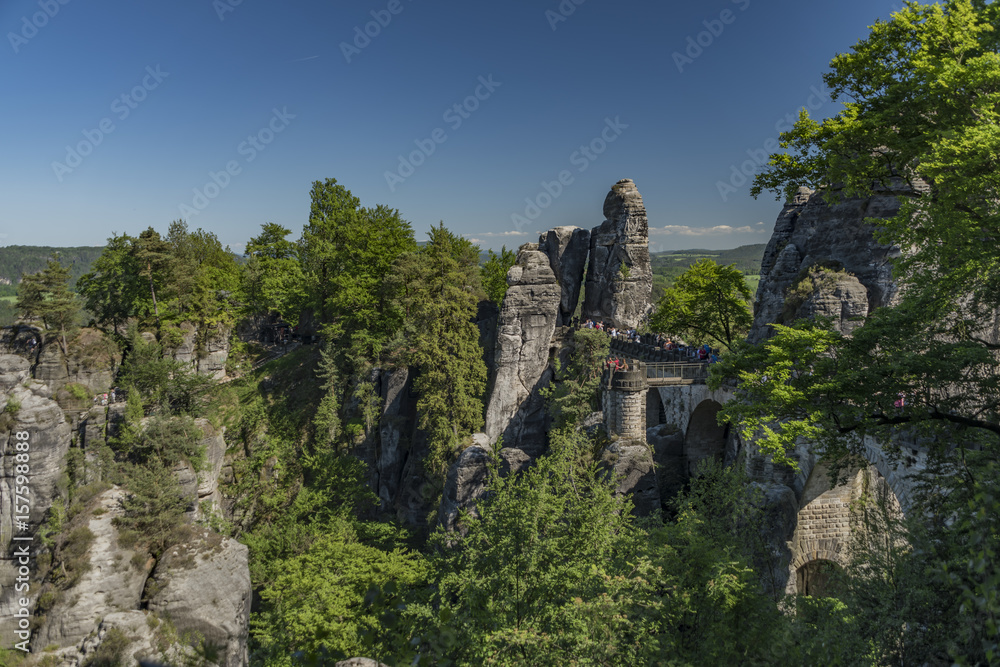 Big rocks near Bastei bridge in valley of river Elbe