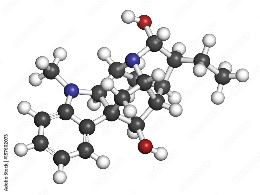 Ajmaline antiarrhytmic agent molecule. 3D rendering. Atoms are represented as spheres with conventional color coding: hydrogen (white), carbon (grey), oxygen (red), nitrogen (blue). Ajmaline antiarrhytmic agent molecule. 3D rendering. Atoms are represented as spheres with conventional color coding: hydrogen (white), carbon (grey), oxygen (red), nitrogen (blue).