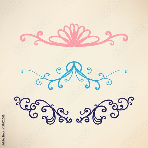 Vector set of pretty border underline design elements or paragraph text dividers in fancy scrollwork and decorative curls, hand drawn wedding announcement or invitation detail in elegant vintage lines