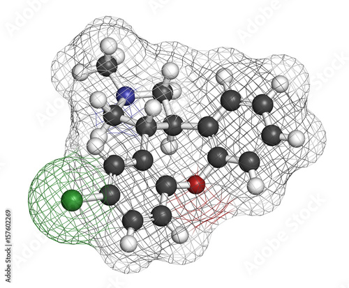 Asenapine antipsychotic drug molecule. 3D rendering. Atoms are represented as spheres with conventional color coding: hydrogen (white), carbon (grey), nitrogen (blue), oxygen (red), chlorine (green). photo