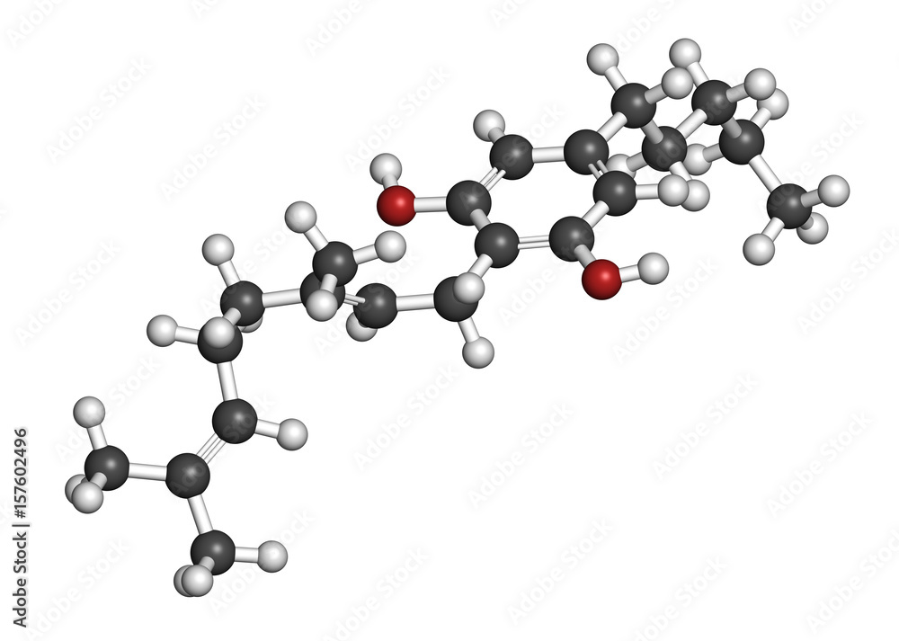Cannabigerol cannabinoid molecule. 3D rendering. Atoms are represented as spheres with conventional color coding: hydrogen (white), carbon (grey), oxygen (red). Cannabigerol cannabinoid molecule. 3D rendering. Atoms are represented as spheres with conventional color coding: hydrogen (white), carbon (grey), oxygen (red).