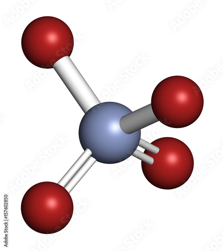 Chromate anion, chemical structure. 3D rendering. Atoms are represented as spheres with conventional color coding: chromium (blue-grey), oxygen (red). photo