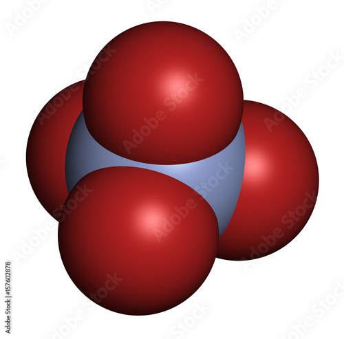 Chromate anion, chemical structure. 3D rendering. Atoms are represented as spheres with conventional color coding: chromium (blue-grey), oxygen (red). photo