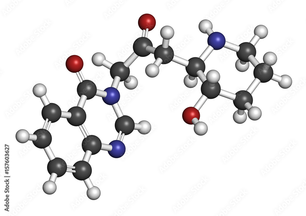 Febrifugine alkaloid molecule, first isolated from Dichroa febrifuga. 3D rendering. Atoms are represented as spheres with conventional color coding. Febrifugine alkaloid molecule, first isolated from Dichroa febrifuga. 3D rendering. Atoms are represented as spheres with conventional color coding.