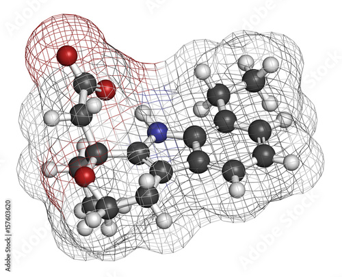 Etodolac NSAID drug molecule. 3D rendering. Atoms are represented as spheres with conventional color coding: hydrogen (white), carbon (grey), nitrogen (blue), oxygen (red). photo