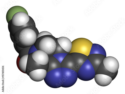 Fezolinetant drug molecule (NK3 receptor inhibitor). 3D rendering. Atoms are represented as spheres with conventional color coding: hydrogen (white), carbon (grey), etc photo