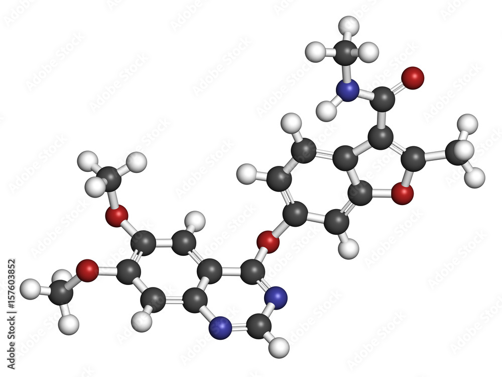 Fruquintinib cancer drug molecule. 3D rendering. Atoms are represented as spheres with conventional color coding: hydrogen (white), carbon (grey), nitrogen (blue), oxygen (red).