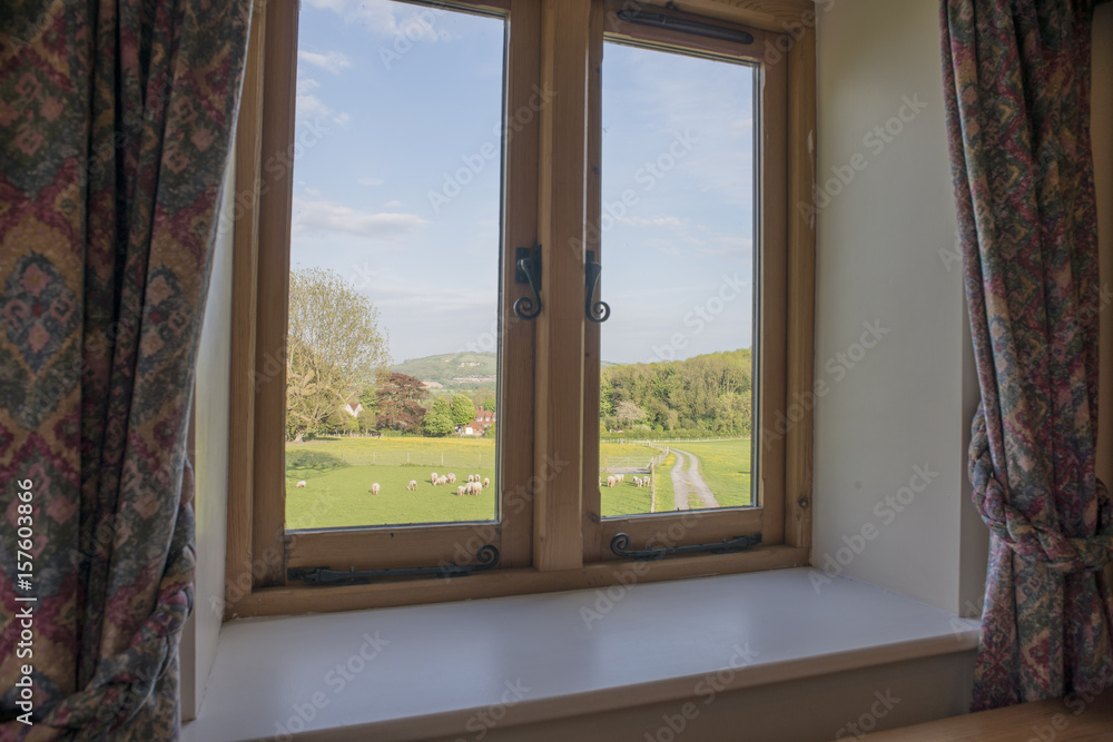 Small Bedroom Window with View of Farm and Sheep Herd Small Bedroom Window with View of Farm and Sheep Herd