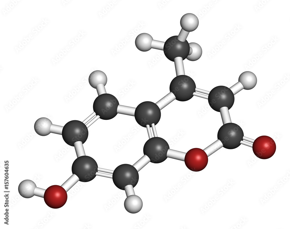 Hymecromone drug molecule. 3D rendering. Atoms are represented as spheres with conventional color coding: hydrogen (white), carbon (grey), oxygen (red). Hymecromone drug molecule. 3D rendering. Atoms are represented as spheres with conventional color coding: hydrogen (white), carbon (grey), oxygen (red).