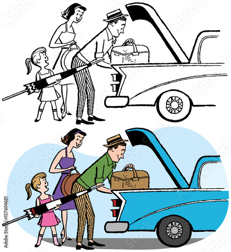 A family packing the trunk of a car for a vacation.