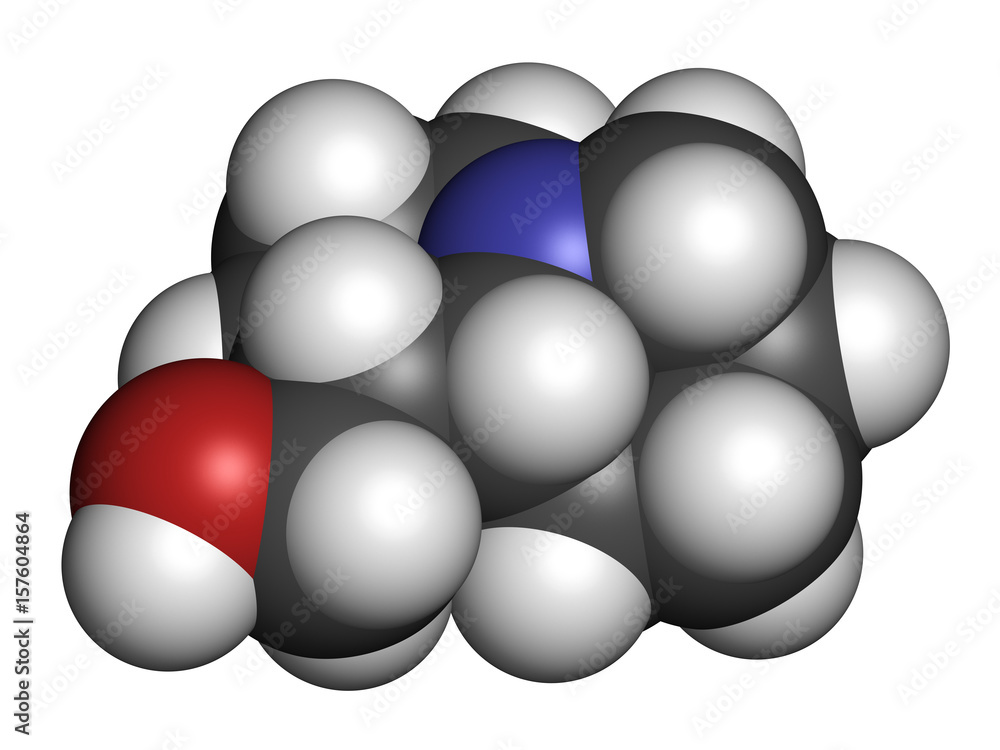 lupinine lupin alkaloid molecule. 3D rendering. Atoms are represented as spheres with conventional color coding: hydrogen (white), carbon (grey), oxygen (red), nitrogen (blue). lupinine lupin alkaloid molecule. 3D rendering. Atoms are represented as spheres with conventional color coding: hydrogen (white), carbon (grey), oxygen (red), nitrogen (blue).