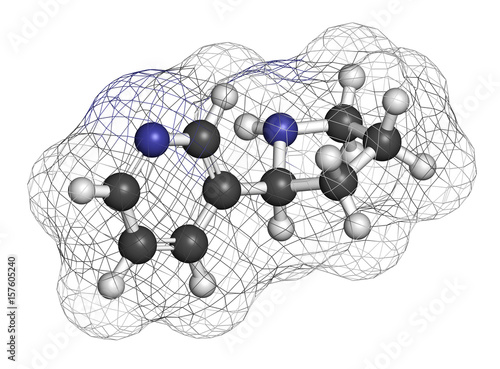 Nornicotine alkaloid molecule. Related to nicotine and also found in Nicotiana plants. 3D rendering. Atoms are represented as spheres with conventional color coding. photo