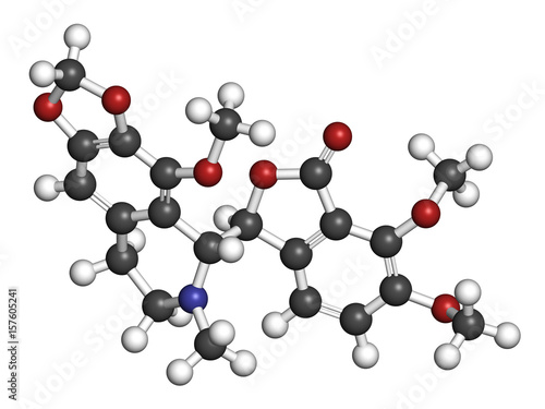 Noscapine antitussive drug molecule. 3D rendering. Atoms are represented as spheres with conventional color coding: hydrogen (white), carbon (grey), nitrogen (blue), oxygen (red).