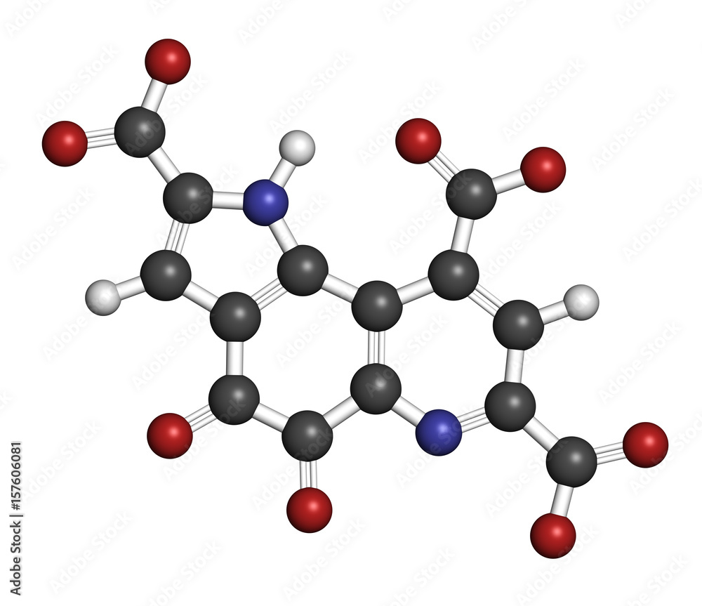Pyrroloquinoline quinone (PQQ) redox cofactor molecule. 3D rendering. Atoms are represented as spheres with conventional color coding: hydrogen (white), carbon (grey), oxygen (red), nitrogen (blue). Pyrroloquinoline quinone (PQQ) redox cofactor molecule. 3D rendering. Atoms are represented as spheres with conventional color coding: hydrogen (white), carbon (grey), oxygen (red), nitrogen (blue).
