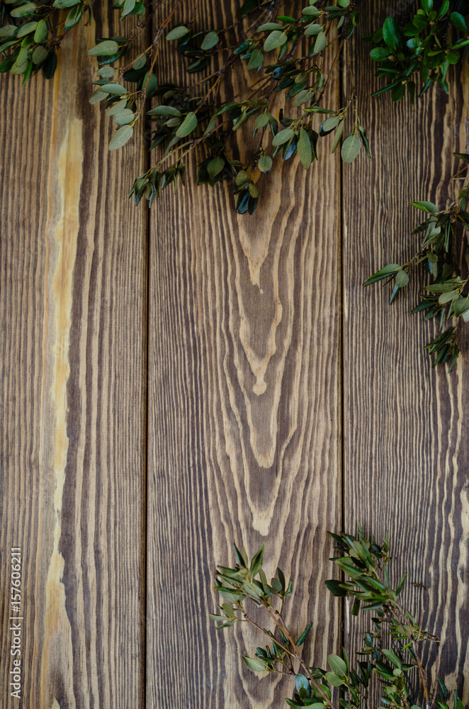 green leaves on a brown wooden background, top view