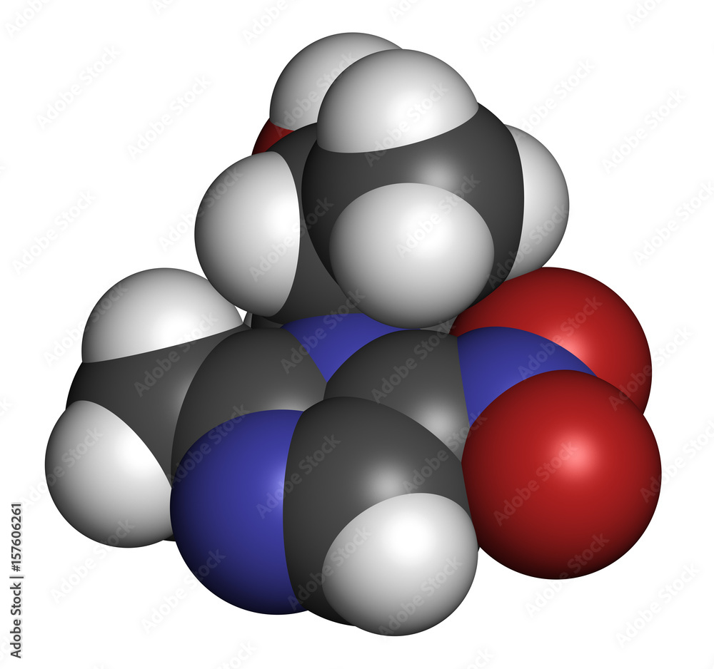 Secnidazole anti-infective drug molecule (nitroimidazole class). 3D rendering. Atoms are represented as spheres with conventional color coding. Secnidazole anti-infective drug molecule (nitroimidazole class). 3D rendering. Atoms are represented as spheres with conventional color coding.