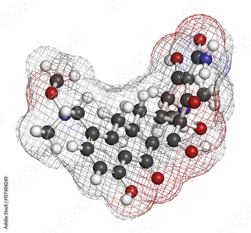 Sarecycline antibiotic drug molecule (tetracycline class). 3D rendering. Atoms are represented as spheres with conventional color coding. photo