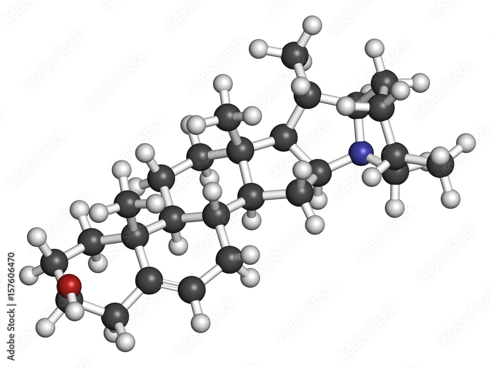 Solanidine potato toxin molecule. 3D rendering. Atoms are represented as spheres with conventional color coding: hydrogen (white), carbon (grey), oxygen (red), nitrogen (blue). Solanidine potato toxin molecule. 3D rendering. Atoms are represented as spheres with conventional color coding: hydrogen (white), carbon (grey), oxygen (red), nitrogen (blue).