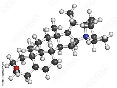 Solanidine potato toxin molecule. 3D rendering. Atoms are represented as spheres with conventional color coding: hydrogen (white), carbon (grey), oxygen (red), nitrogen (blue).