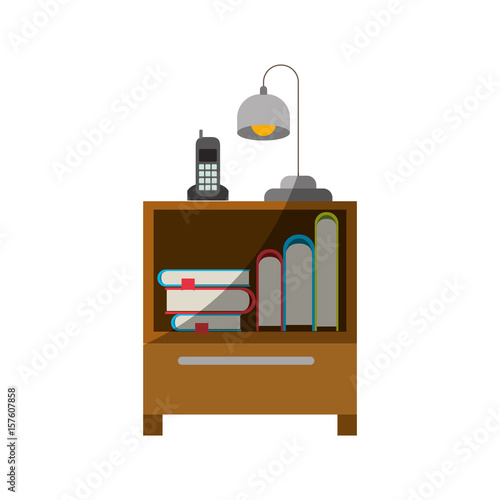 colorful graphic of nightstand with cordless phone and lamp and books collection without contour and half shadow vector illustration