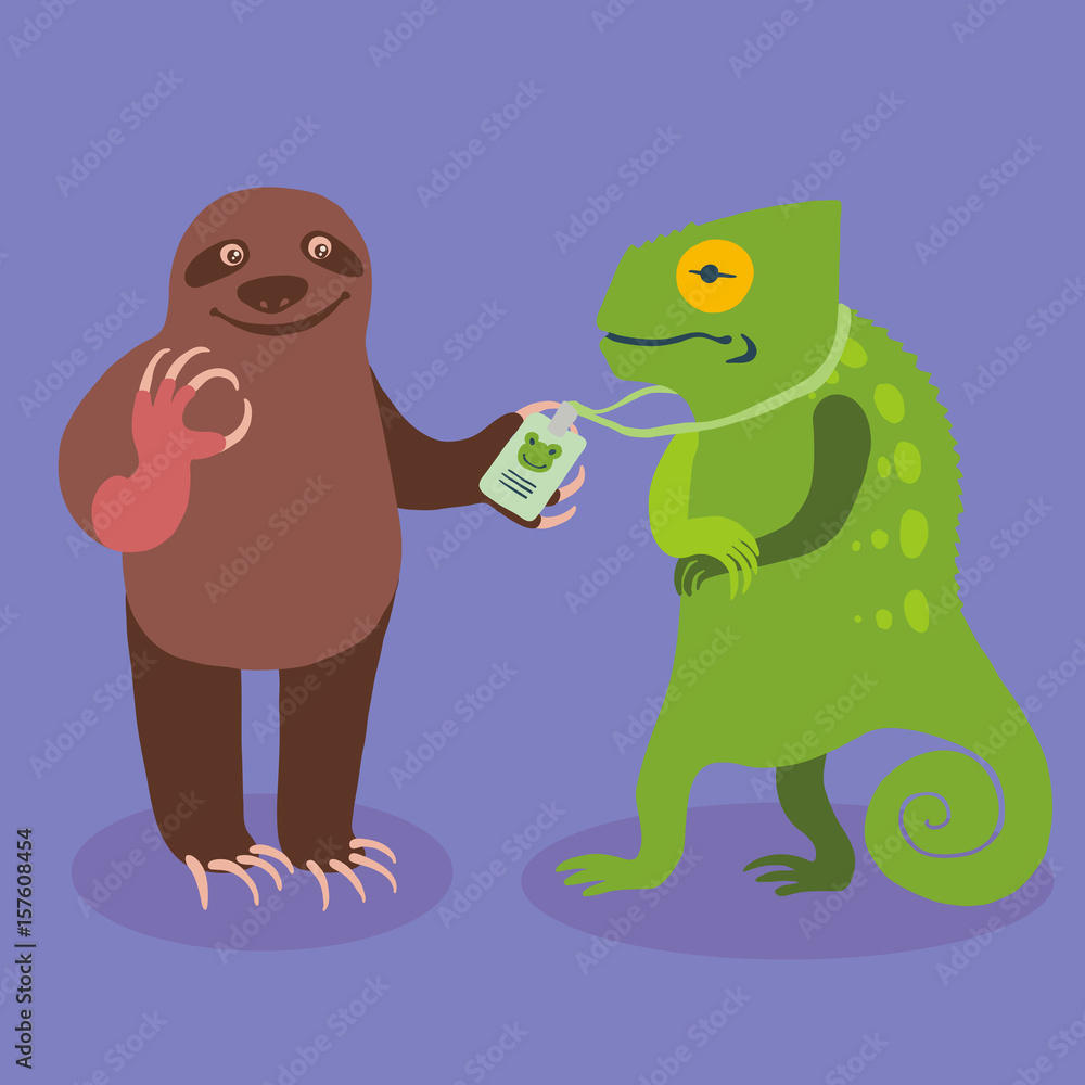 Fototapeta premium Sloth and chameleon. Fake identity concept.