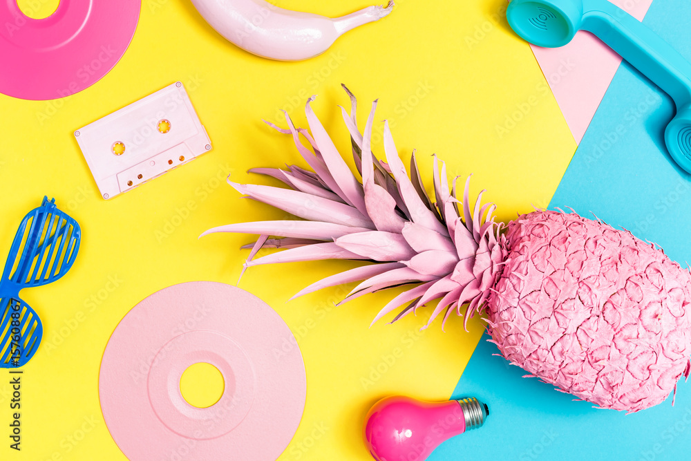 Funky painted objects on a bright background