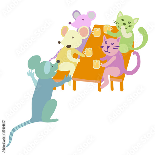 Company of cats and mice having fun in pub