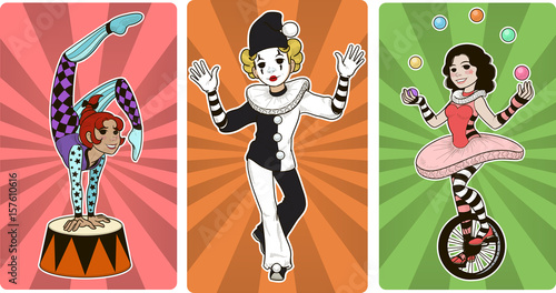 Gymnast mime clown and juggler circus characters