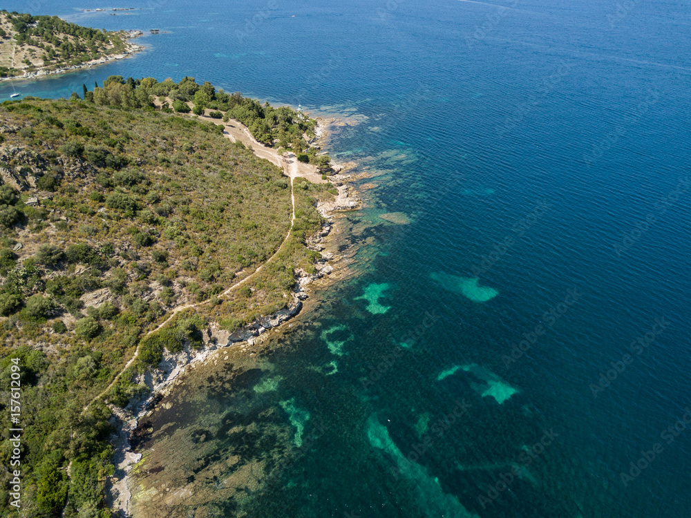 Aerial view of coast with sea and shrubs