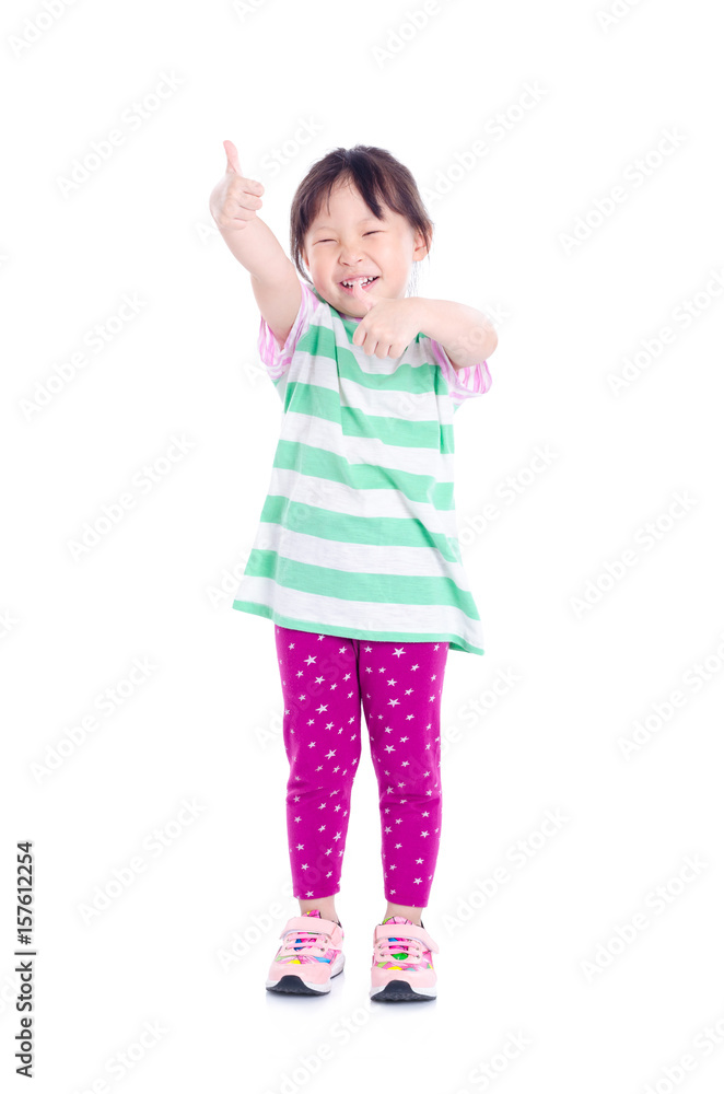 Little asian girl showing thumbs up over white background Little asian girl showing thumbs up over white background