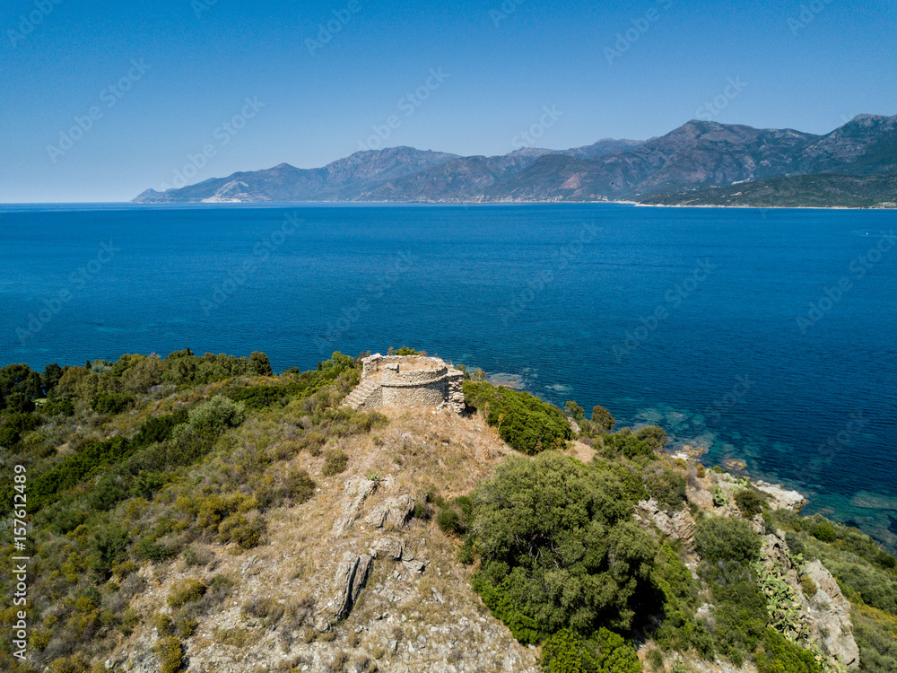 Aerial view of Genoese tower in corsica Aerial view of Genoese tower in corsica
