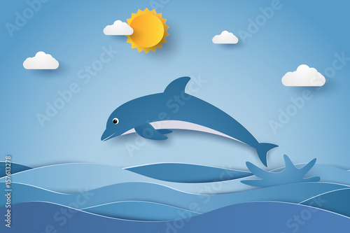 Jumping dolphin in sea waves   paper art style