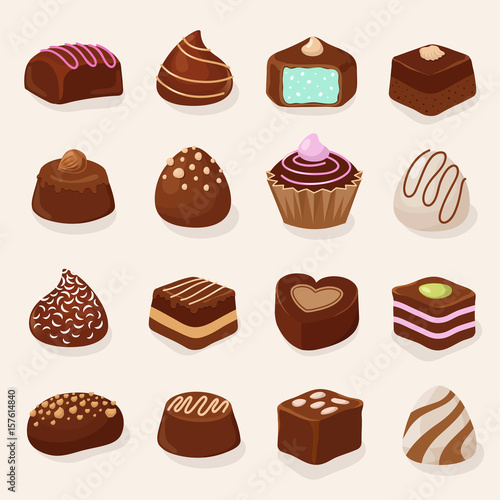 Cartoon chocolate desserts and candies vector set