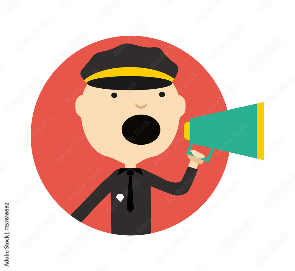 Policeman in uniform with megaphone round avatar icon isolated on white background vector illustration. People pictogram in flat design. Policeman in uniform with megaphone round avatar icon isolated on white background vector illustration. People pictogram in flat design.