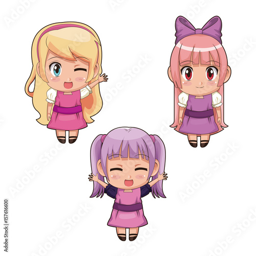 colorful set full body cute anime girls facial expression in pink and lilac dress vector illustration