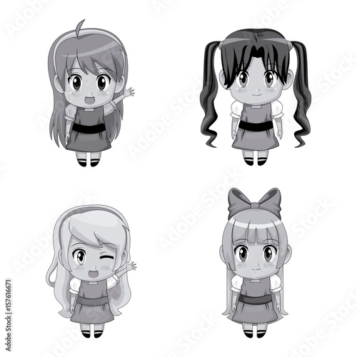 monochrome set full body cute anime tennagers girls facial expression vector illustration
