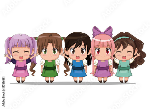colorful set five full body cute anime tennagers girls facial expression vector illustration