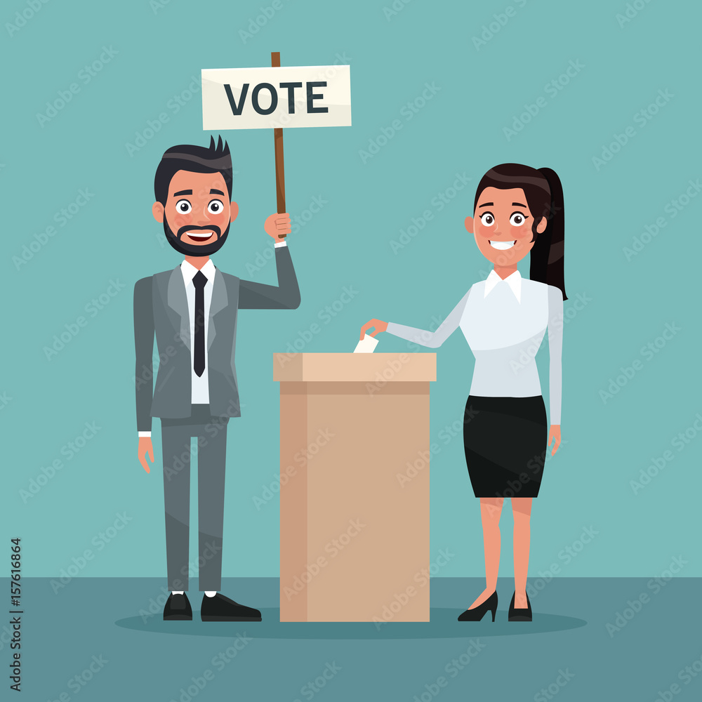 background scene woman in skirt vote in urn for candidate and bearded man in formal suit with poster vector illustration background scene woman in skirt vote in urn for candidate and bearded man in formal suit with poster vector illustration