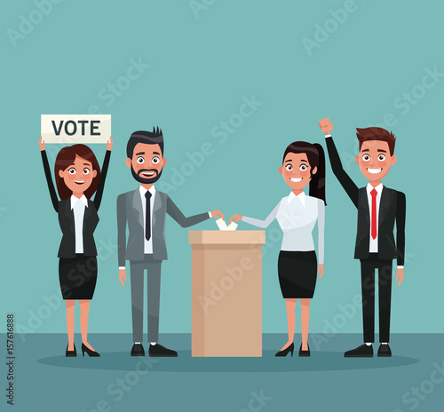 background scene set people in formal suit vote in urn for candidate and banner promoving voting vector illustration