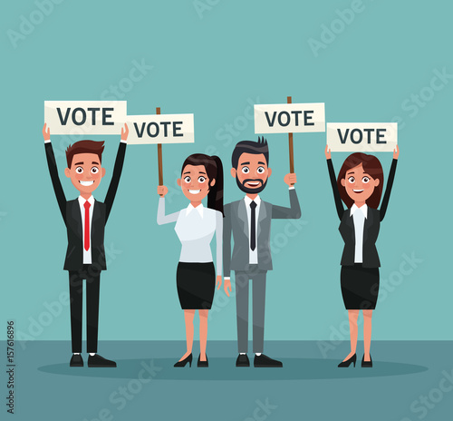 background scene set people in formal suit with banner promoving voting vector illustration photo